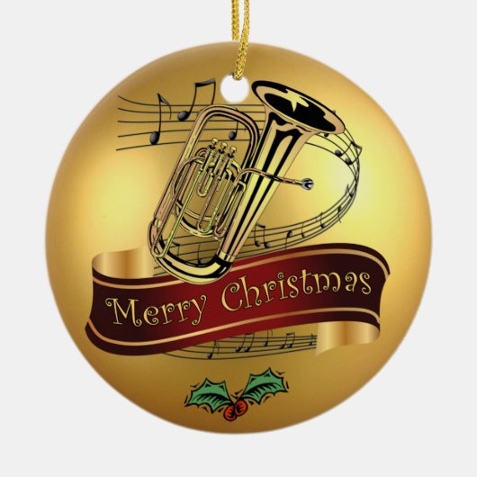 Tuba ~ Musical Scroll ~ Gold ~ "Merry Kerstmis" ~ Keramisch Ornament (Voorkant)