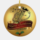 Tuba ~ Musical Scroll ~ Gold ~ "Merry Kerstmis" ~ Keramisch Ornament (Achterkant)
