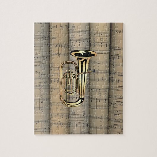 Tuba ~ Rollend blad Muziekachtergrond ~ Musical Legpuzzel (Verticaal)