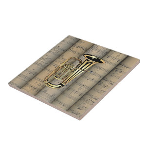 Tuba ~ Rollend blad Muziekachtergrond ~ Musical Tegeltje