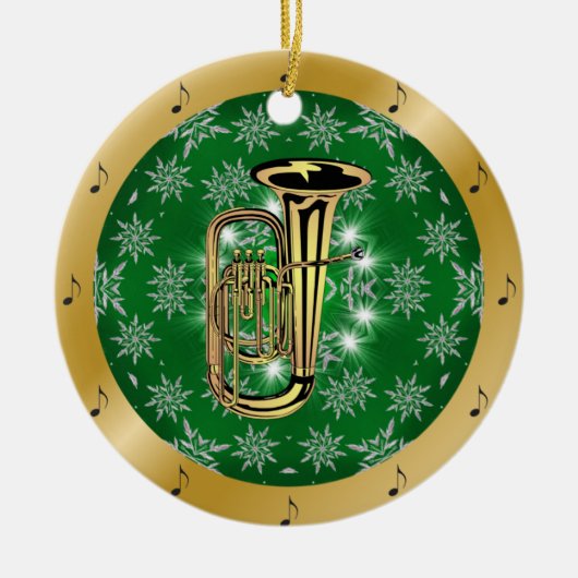 Tuba ~ Silver ~ Green ~ Gold ~ Kerstmis ~ Keramisch Ornament (Voorkant)