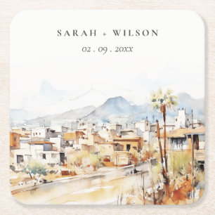 Tucson, Arizona Aquarel Landschap Bruiloft Vierkante Kartonnen Onderzetter