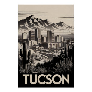 Tucson Arizona Silhouette Zwart Wit Houtsnede Perfect Poster