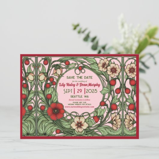 tuin art nouveau bruiloft save the date (Staand voorkant)