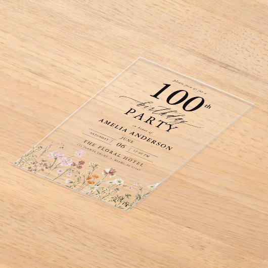 Tuin Bloemen Kalligrafie 100ste verjaardag Acryl Uitnodigingen (Laagn)