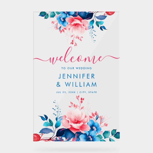 Tuin Bloemen Script Bruiloft Welkom Blauw & Roze Acryl Bord (Voorkant)