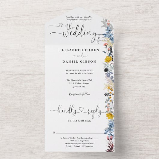 Tuin Bloemige Elegante Harten Script Bruiloft All In One Uitnodiging (Binnen)