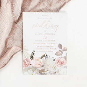 Tuin Blush & Wit Bloemen Roos Gouden Bruiloft Folie Uitnodiging