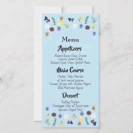 Tuin bruiloftsmenu in blauw met botanische bloemen