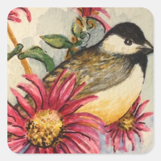 Tuin Chickadee Waterverf Roze Daisy Vierkante Sticker (Voorkant)