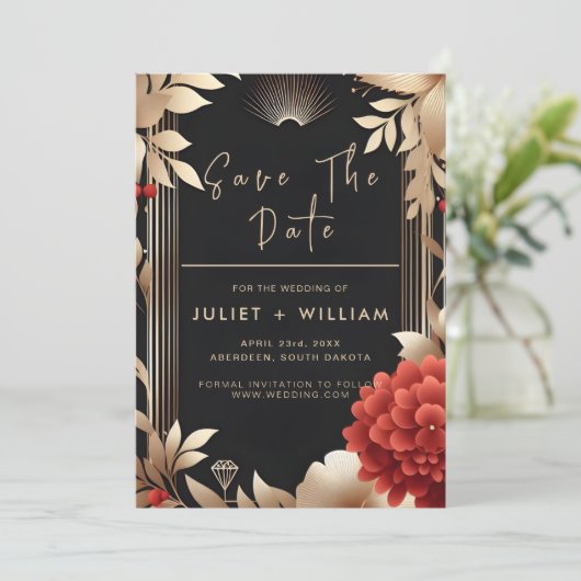 Tuin Diamond Rood Zwart En Goud Bruiloft Save The Date (Staand voorkant)
