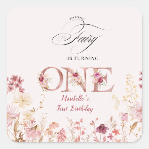 Tuin Eerste Verjaardag Kleine Sprookjesfee Bloemen Vierkante Sticker