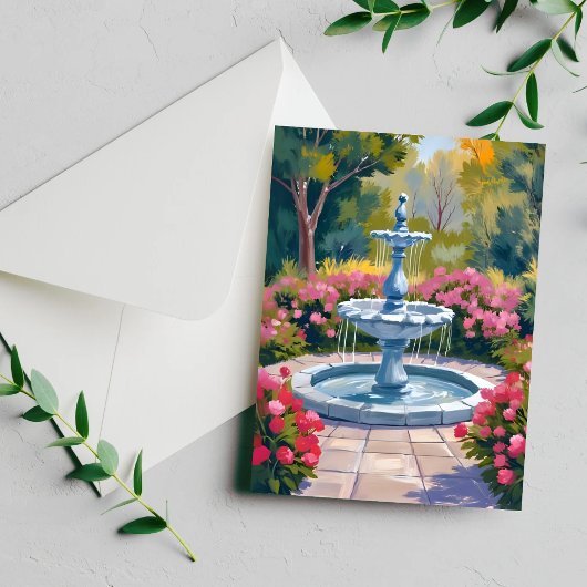 Tuin Fontein Bloemen Schilderij Briefkaart