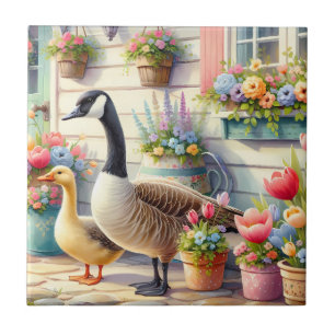 Tuin Ganzen Lente Illustratie Cottage Stijl Tegeltje