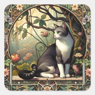 Tuin Gateway Art Nouveau Cat Vierkante Sticker
