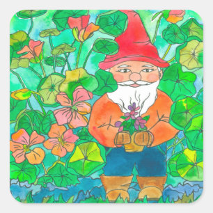 Tuin Gnome Nasturtium Bloemen Vierkante Sticker
