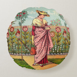 Tuin Groei Bloem Vrouw Kunst Antiek Rond Kussen