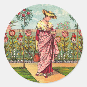 Tuin Groei Bloem Vrouw Kunst Antiek Ronde Sticker