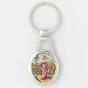 Tuin Groei Bloem Vrouw Kunst Antiek Sleutelhanger