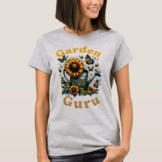 Tuin Guru Watering Can en Zonnebloemen Grijs T-shirt (Voorkant)