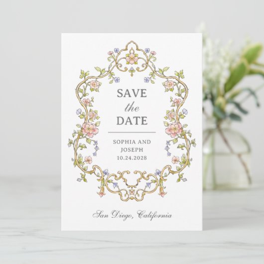 tuin | Kleurrijke Luxe foto en QR-code Save The Date (Staand voorkant)