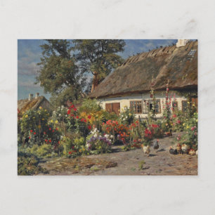 tuin met bloemen en kippen briefkaart
