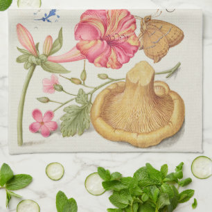 Tuin met bloemen, vlinder en paddestoel theedoek