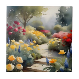 tuin met rode gele rozen blauwe bloemen tegeltje