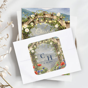 Tuin met wilde bloemen bruiloft omheining envelopp vierkante sticker