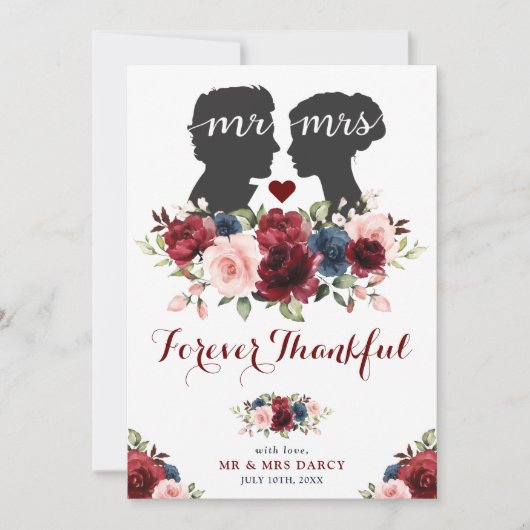  Tuin Navy Maroon Rozen Mr. Mrs Silhouette Bedankkaart (Voorkant)