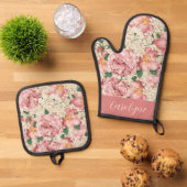 Tuin Rozen en Hydrangea Bloemen Patroon Ovenwant & Pannenlap Set (Top down)