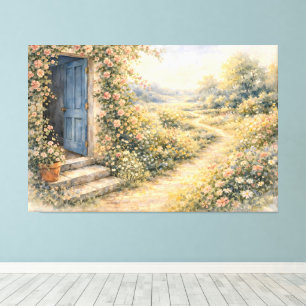 Tuin van een cottage Blauwe deur Bloemendecor scèn Canvas Afdruk