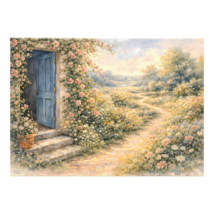 Tuin van een cottage Blauwe deur bloemenpad scène Foto Afdruk
