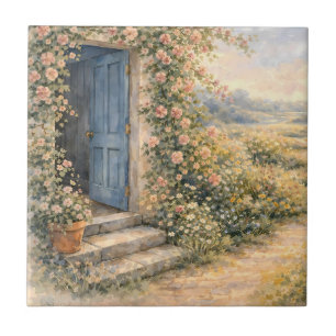 Tuin van een cottage Blauwe deur bloemenpad scène Tegeltje