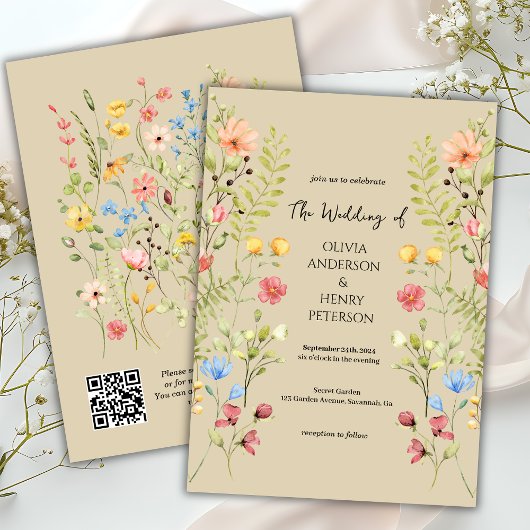 Tuin Wildflower Spring Neutraal QR Code Wedding Kaart