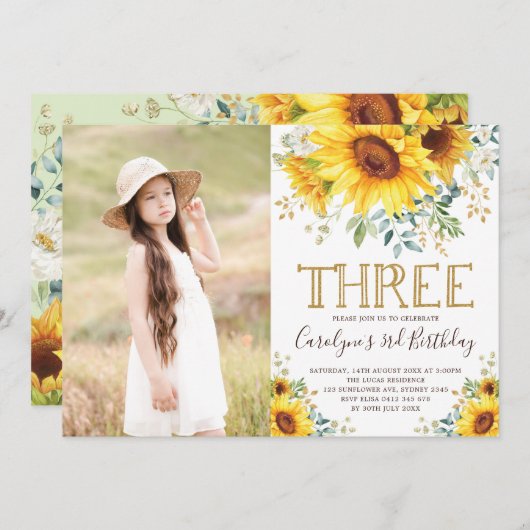 Tuin Zonnebloemen Groene 3e Verjaardagsfoto Kaart (Voorkant / Achterkant)