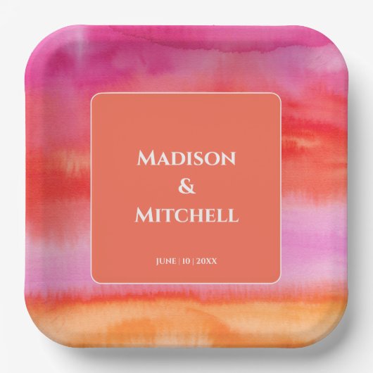 Tuin Zonsopgang Roze Sinaasappel Waterverf Bruilof Papieren Bordje (Voorkant)