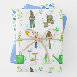 Tuinclub Zomer Bloemen Gereedschap Kruiden Blauw Inpakpapier Vel