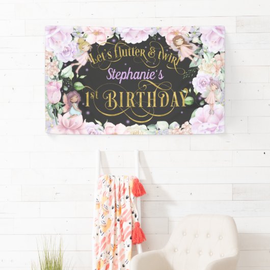 Tuinfee, roze paarse bloemen, 1 verjaardag spandoek (Insitu)