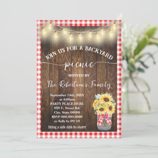 Tuinfeest met picknick Rode geruite zonnebloemen Kaart (Staand voorkant)