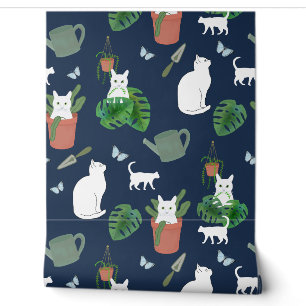 Tuinieren Katten Wit Kat en Planten op Blauwe Muur Behang