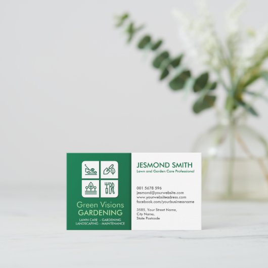 Tuinieren Services - Witte pictogrammen Visitekaartje (Staand voorkant)