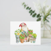 Tuinkabouter met bloemen en kat briefkaart (Staand voorkant)