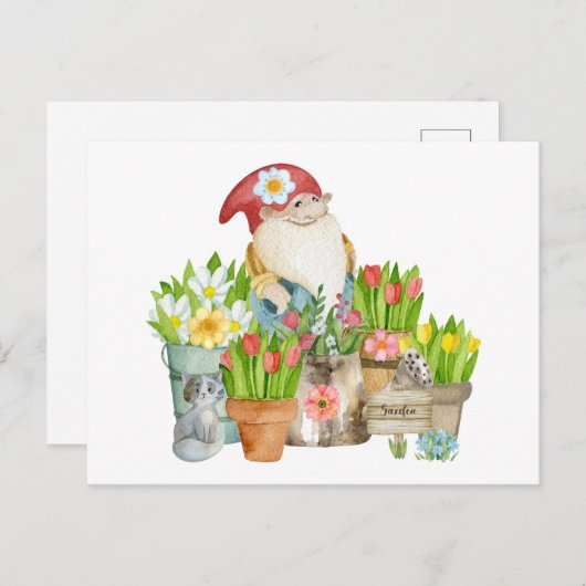 Tuinkabouter met bloemen en kat briefkaart (Voorkant / Achterkant)
