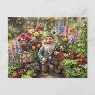 Tuinkabouter met glimlach water geeft aan bloemen briefkaart