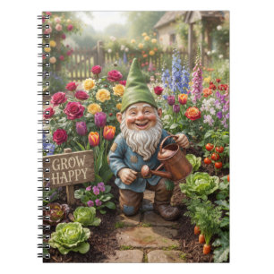 Tuinkabouter met glimlach water geeft aan bloemen notitieboek