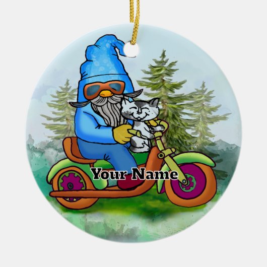 Tuinkabouter op motor keramisch ornament (Voorkant)