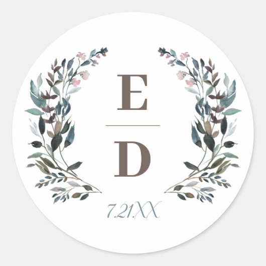 tuinkam | Wit Blauw Bruiloft Monogram Datum Ronde Sticker (Voorkant)