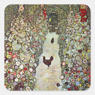 Tuinpad met kippen, Gustav Klimt, Art Nouveau Vierkante Sticker