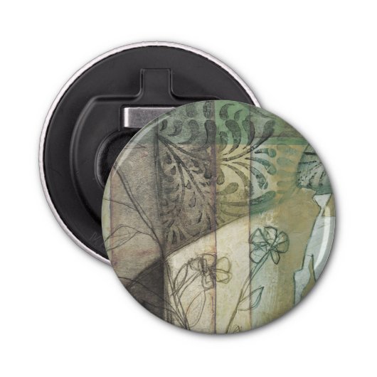 Tuinpaneel met bladeren, bloemen en gras button flesopener (Voorkant)